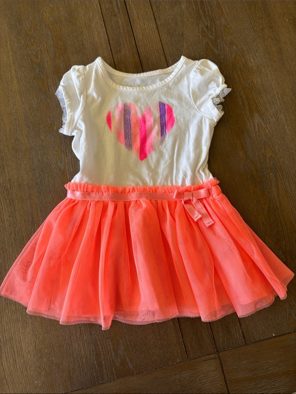 Cherokee White Top with Neon Coral Pink Tulle Skirt Girls Dress